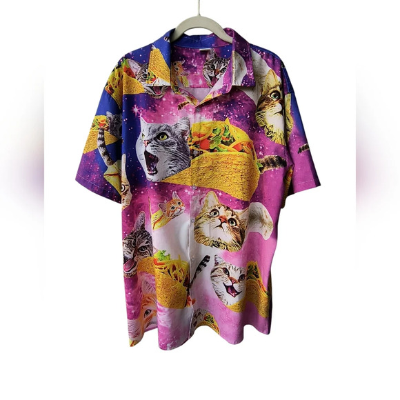 Men's Tacocat Hawaiian Button Up Vacation Kitsch Silky Shirt XXL - Picture 1 of 7